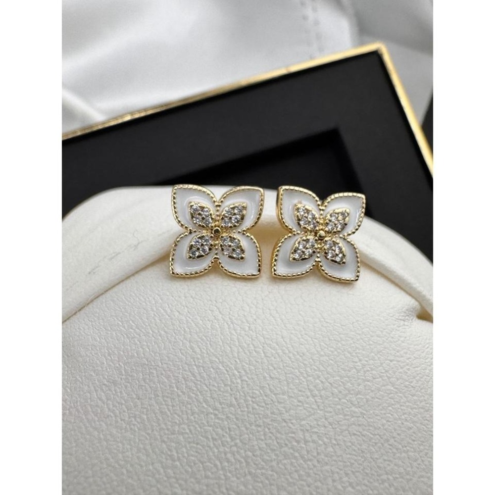 Gold Tone White Enamel Flower Stud‎ Earrings with Crystal Accents